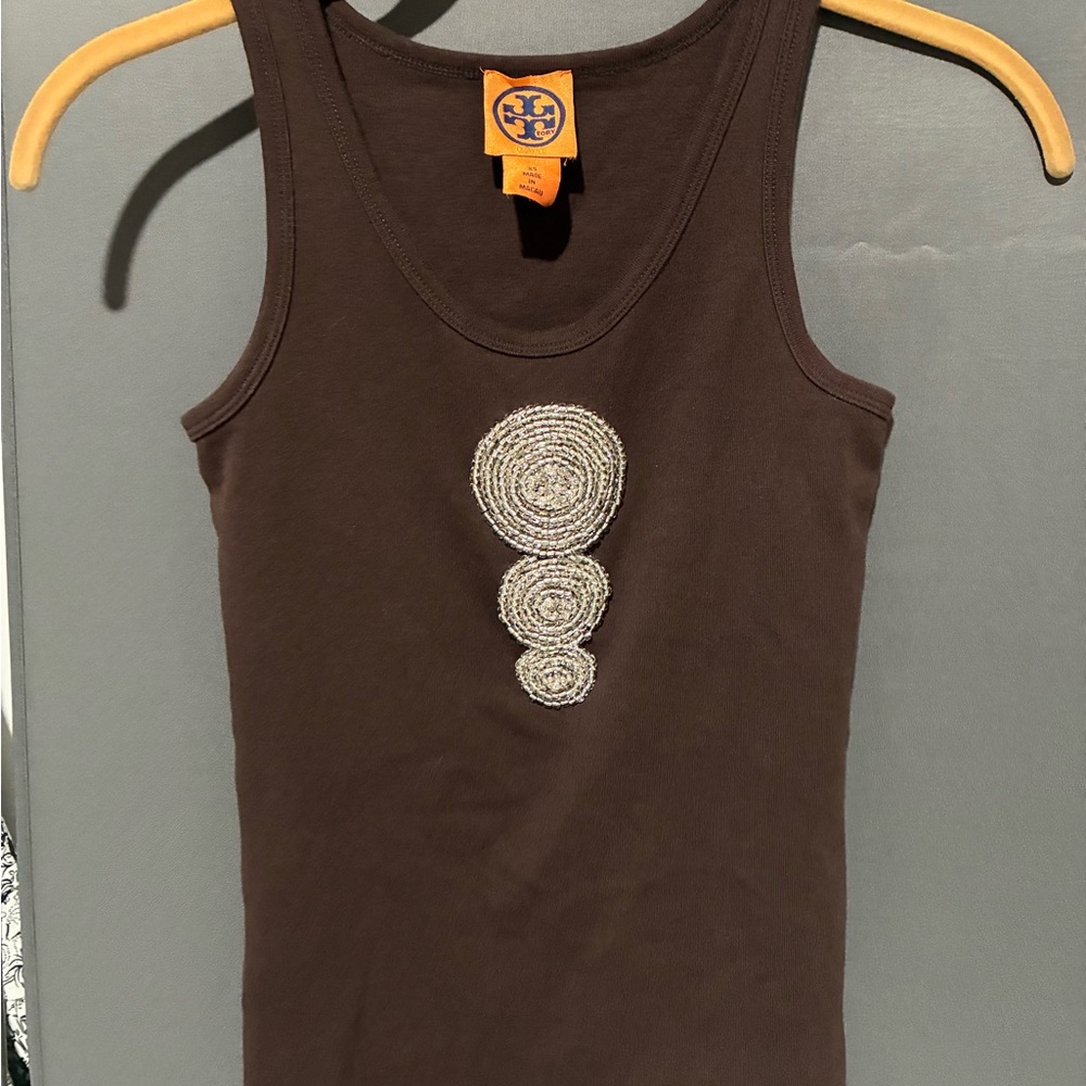 Tory Burch Brown Fitted Embellished Tank Top